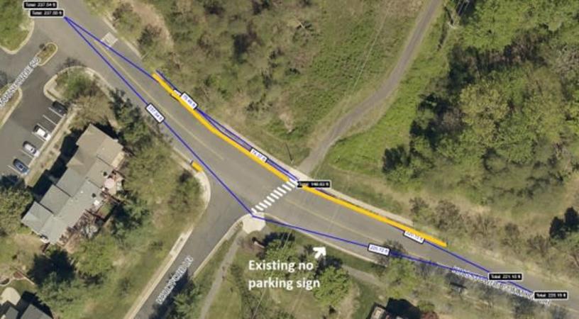 5. Are you in favor of adding a crosswalk at Kingstowne Commons Drive and the trail crossing south of Hollyford Lane? In order to meet sight distance requirements ten parking spaces (marked in yellow) on the westbound side of Kingstowne Commons Drive must be repurposed.